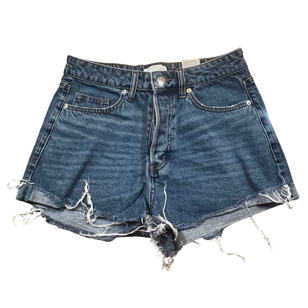H&M Button Fly Denim Shorts Womens 6 Blue Frayed Raw Hem Cutoff Festival Mom